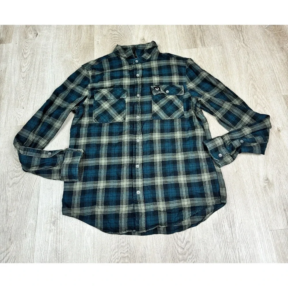 True Religion Mens Flannel Shirt Plaid Button Down Long Sleeve Casual Medium